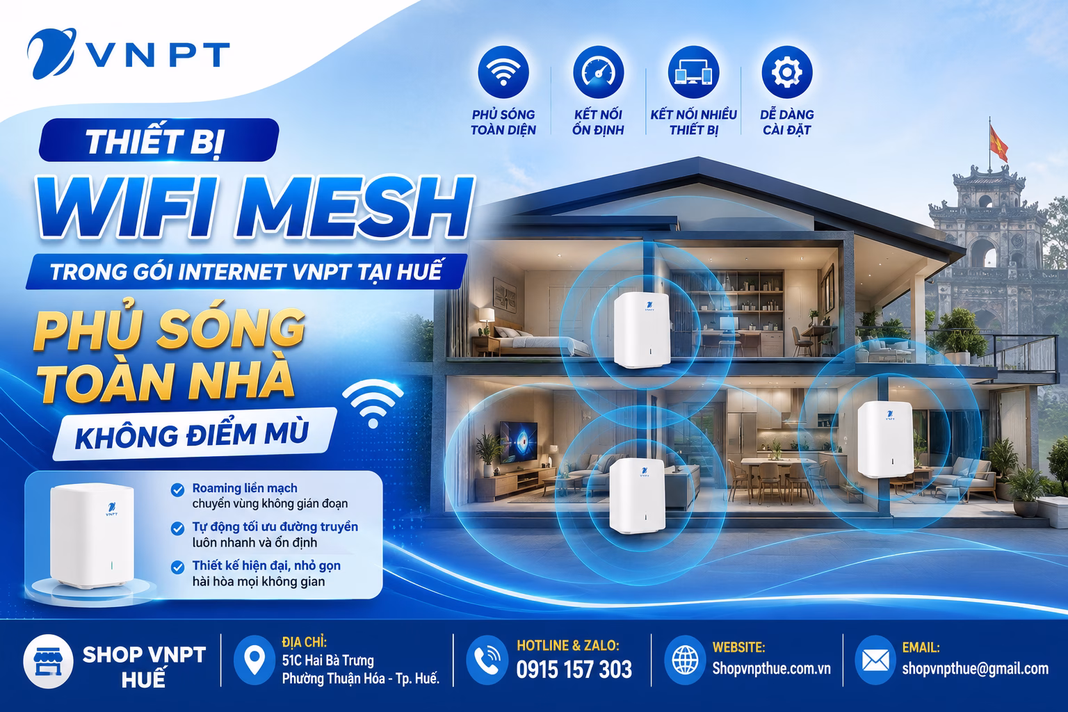 Thiết bị wifi mesh trong gói internet VNPT tại Huế phủ sóng toàn nhà không điểm mù
