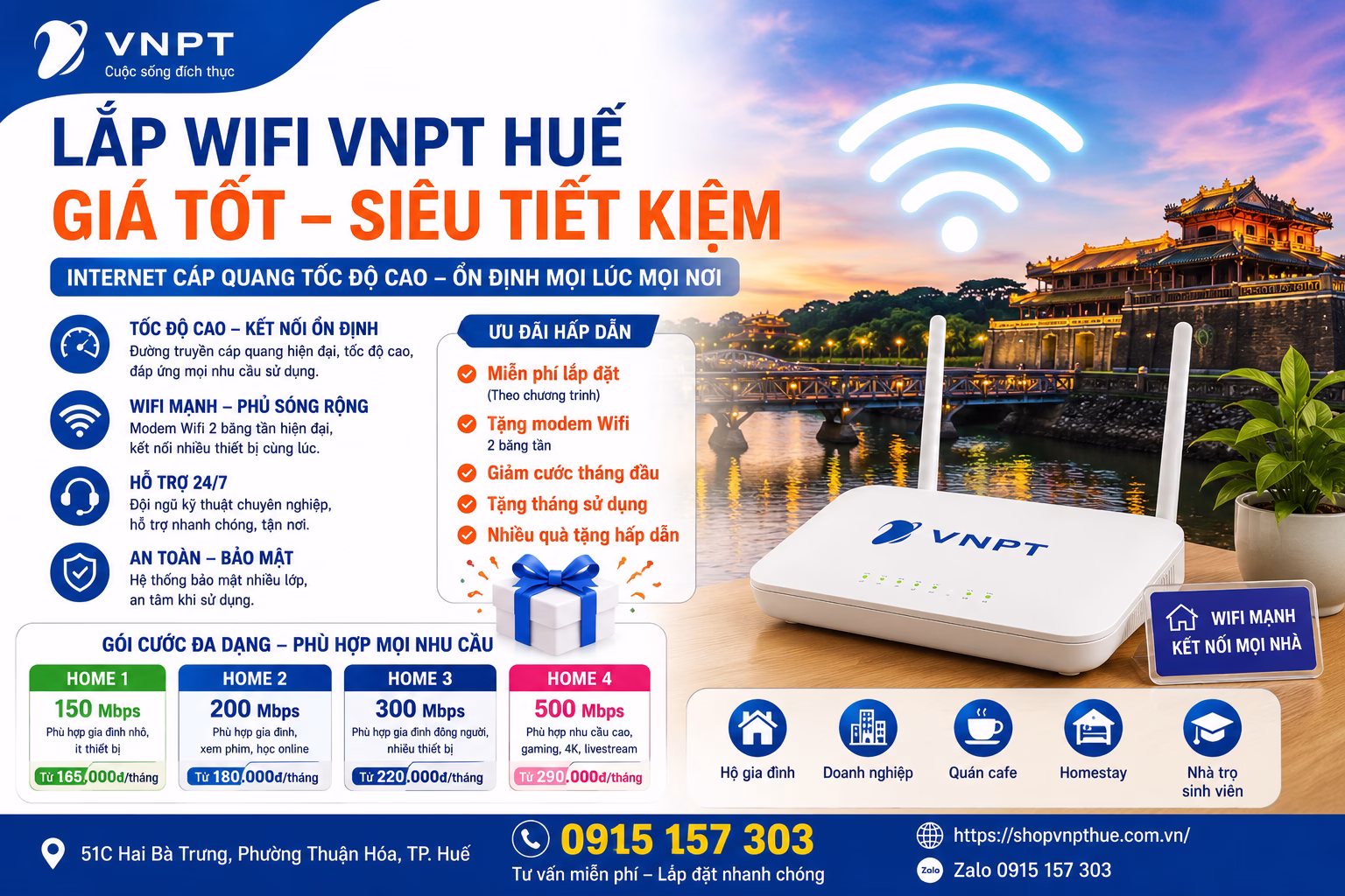Lắp wifi VNPT Huế giá tốt
